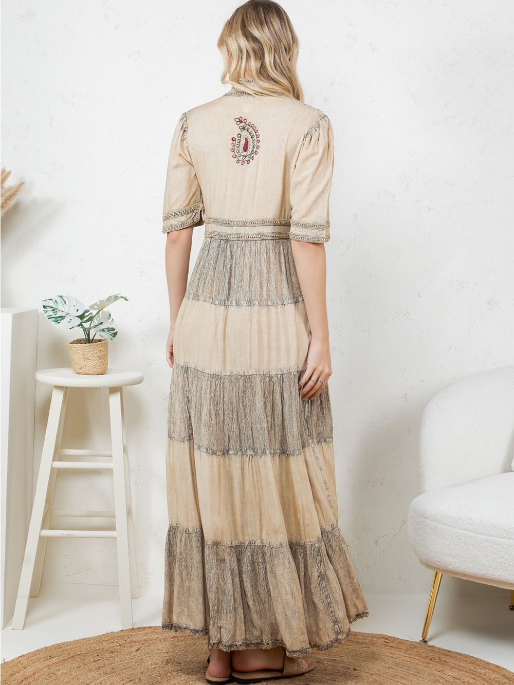 #24 New! Young Threads Embroidered Tiered Maxi Dress with Paisley - Picture 4 of 5